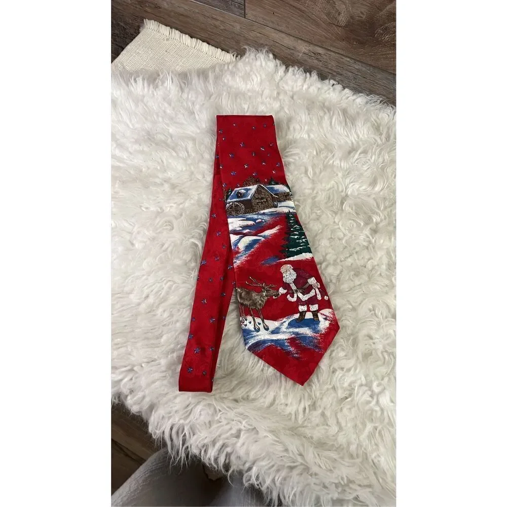 TOWNCRAFT Men’s Silk Christmas Dress Tie Santa Feeding Reindeer Vintage 46” Red
